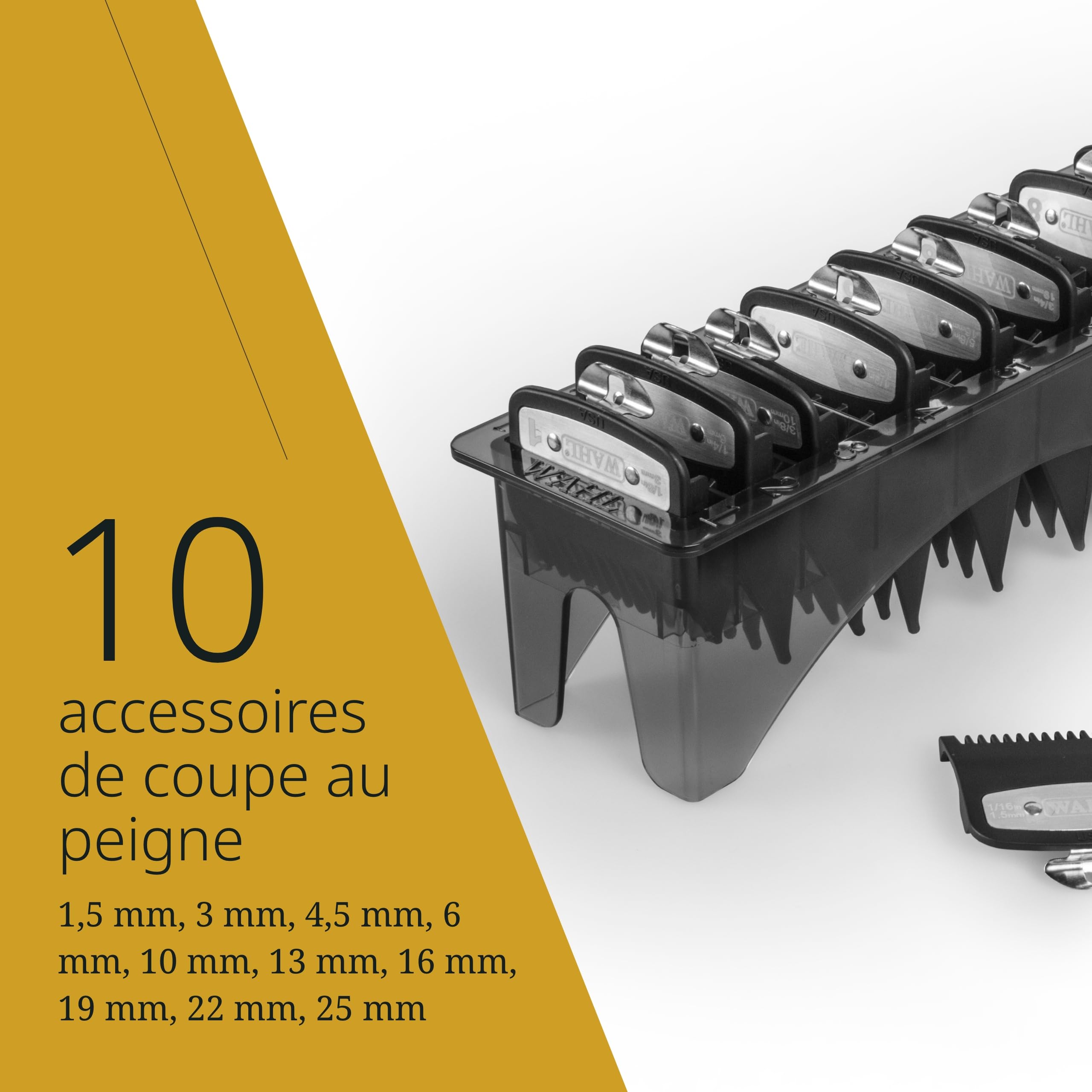 Wahl Guides de coupe Premium avec sac poly - ensemble de peignes de fixation premium, 1,5 mm à 25 mm - Convient pour toutes les tondeuses à cheveux cordonnés Wahl, 10 PCS