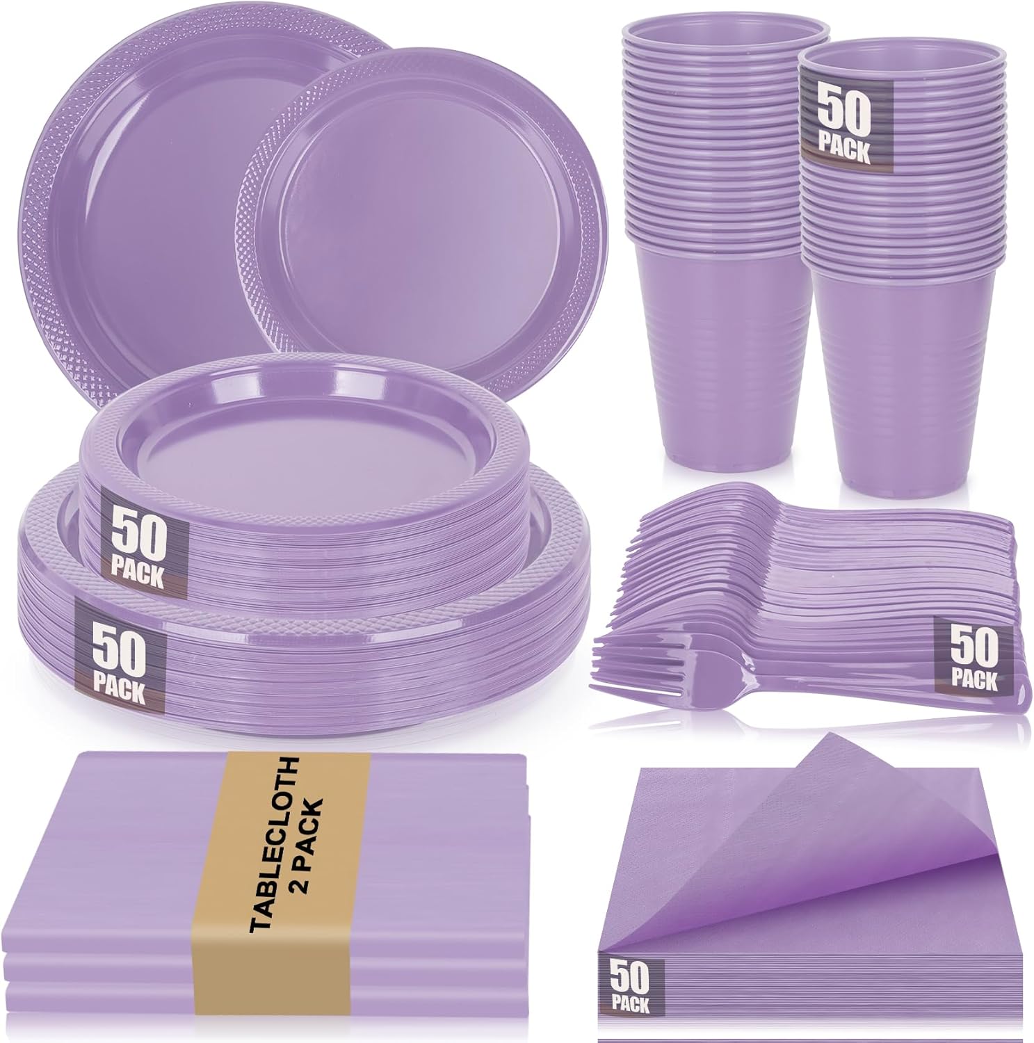 Lavender Plastic Plates for Party,50 Guest Disposable Plastic Plate Set 9" Plates,7" Dessert Plates,Napkins,12 oz Cups,Forks & Tablecloth for Baby Shower,Wedding,Birthday,Afternoon Tea Party