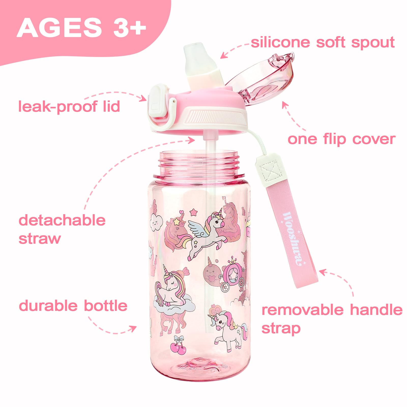 Borraccia Bambini 600 ml con Cannuccia Unicorno Rosa Priva di BPA Lavabile in Lavastoviglie
