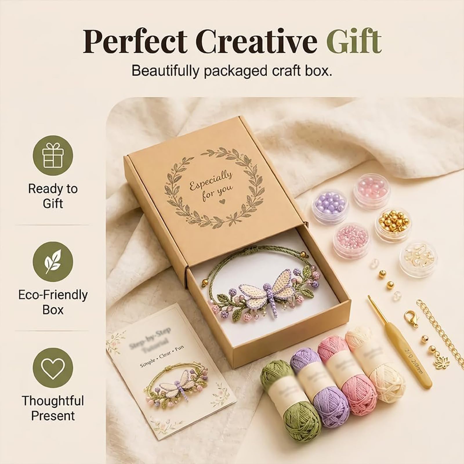 Kit de pulsera de ganchillo inspirada en la naturaleza – Juego de fabricación de pulseras botánicas con hilo, cuentas, perlas y gancho de ganchillo, manualidad creativa para principiantes (ALL)