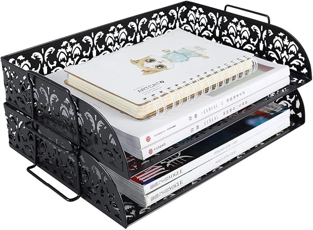 EasyPAG 2 Tier A4 Metal in Trays Stackable Office Desk Tidy File Holder Magazine Storage Paper Organiser,Black