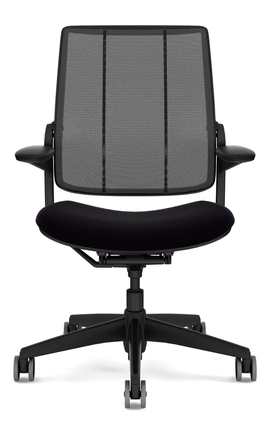Humanscale Diffrient Smart Desk Chair - Home Office Desk Task Chair with Adjustable Duron Arms - Black Frame - Black Monofilament Stripe Back Mesh - Black Fabric Seat - Soft Hard Floor Casters