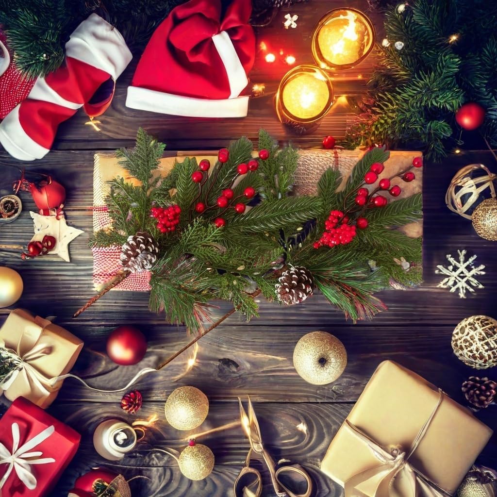 15 Pcs Christmas Tree Floral Picks 9 Styles Red Berry Picks Stems Assorted Artificial Pinecones Holly Leaves Pine Branch for Christmas Decor Floral Arrangement Wreath