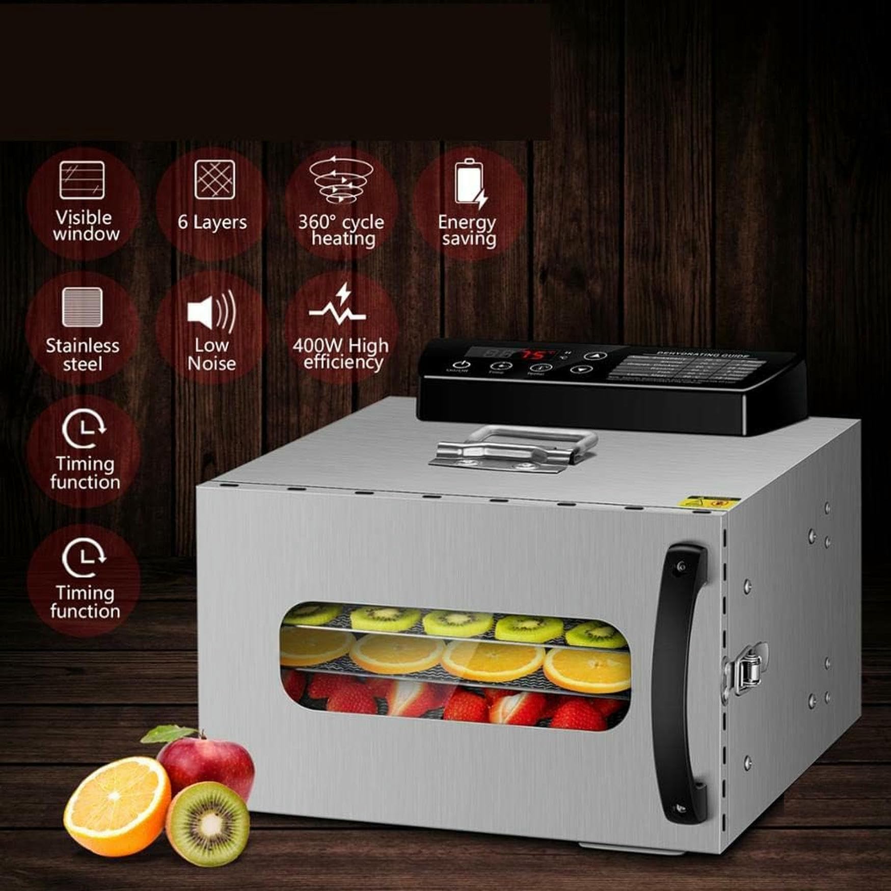 Essiccatore per Alimenti a 6 vassoi, essiccatore per Frutta, essiccatore per Verdure, essiccatore per Frutta secca, essiccatore per Carne in Acciaio Inossidabile