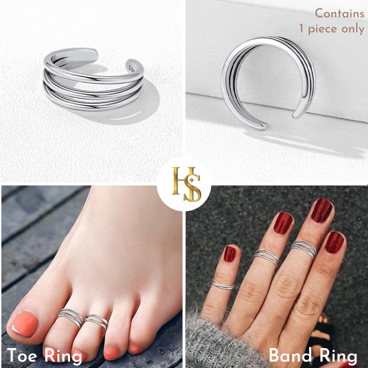 HighSpark Silver Toe Ring for Women | 92.5 Sterling Silver Hypoallergenic Adjustable Toe Rings | Minimal & Elegant Designs - Triple Line 4