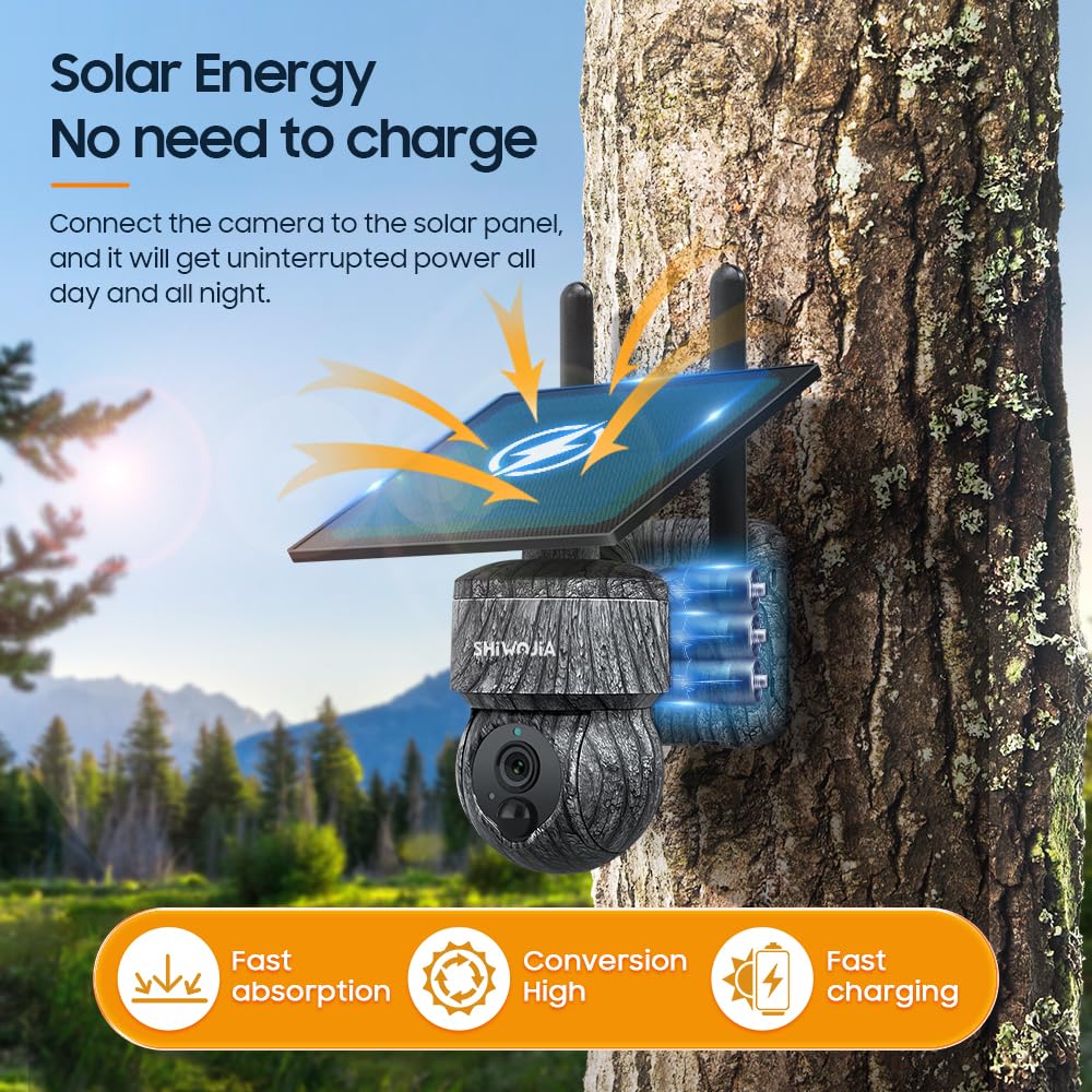 SHIWOJIA 4G LTE Cámara de Vigilancia Exterior Solar con Tarjeta SIM, 2K 360° PTZ Cámara de Seguridad Solar,Audio de 2 vías, Sensor de Movimiento PIR, Visión Nocturna, IP66