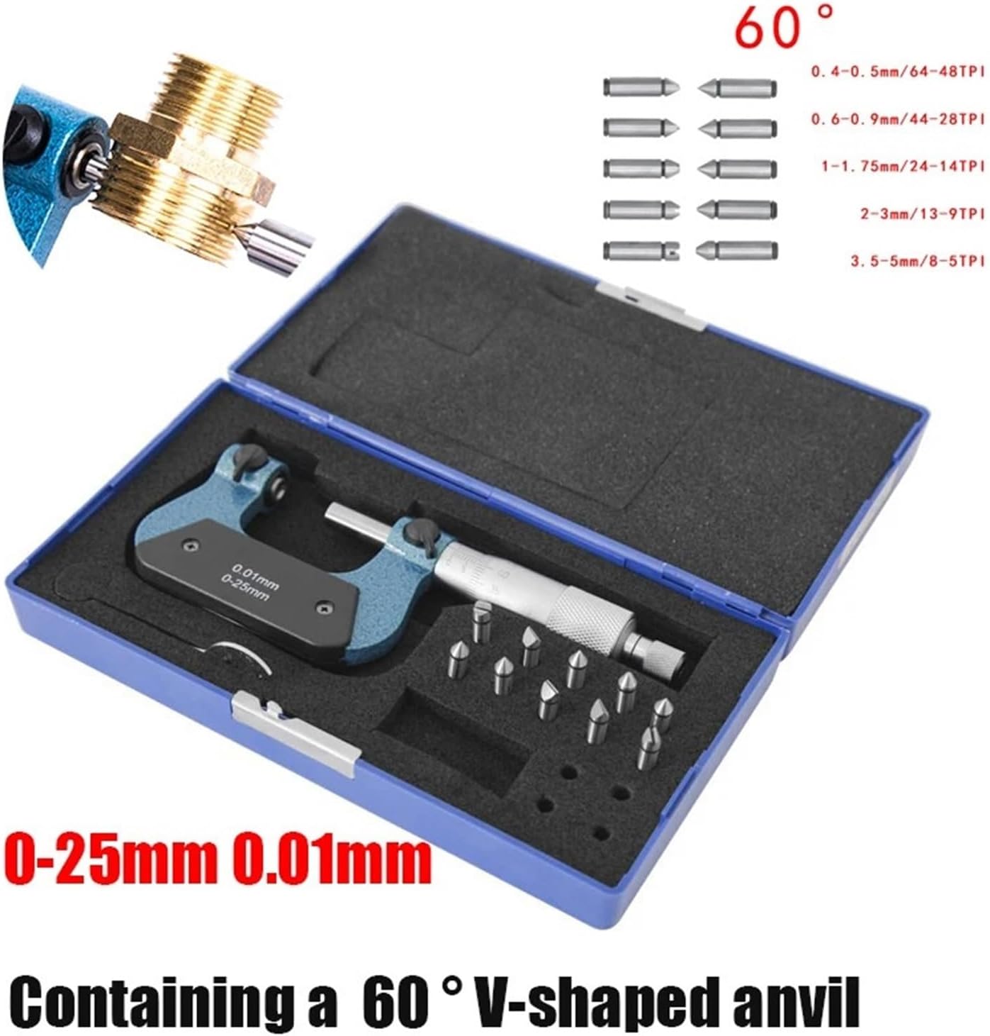 Screw Thread Micrometer 0-25mm 25-50mm Industrial with Anvils 50-75mm 75-100mm Outside Micrometer 0.01mm Rotary(0-25mm and Anvils)