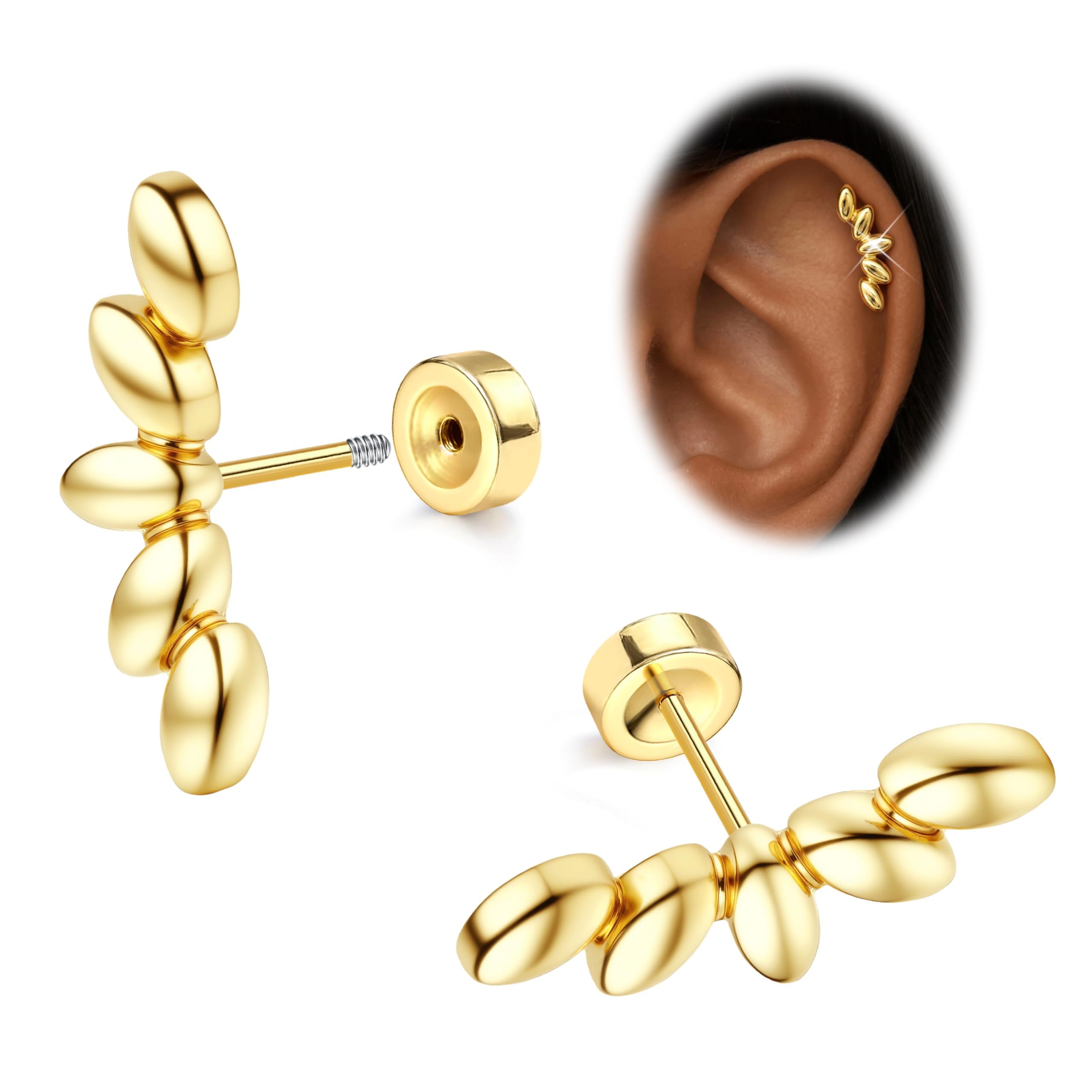 Morfetto Helix Piercings Chirurgenstahl Gold 16G - Flatback Medizinische Ohrstecker Hypoallergen 14K Vergoldet Chirurgenstahl Ohrringe Labret Tragus Conch Knorpel Piercing Ohr für Damen Gold-Cluster