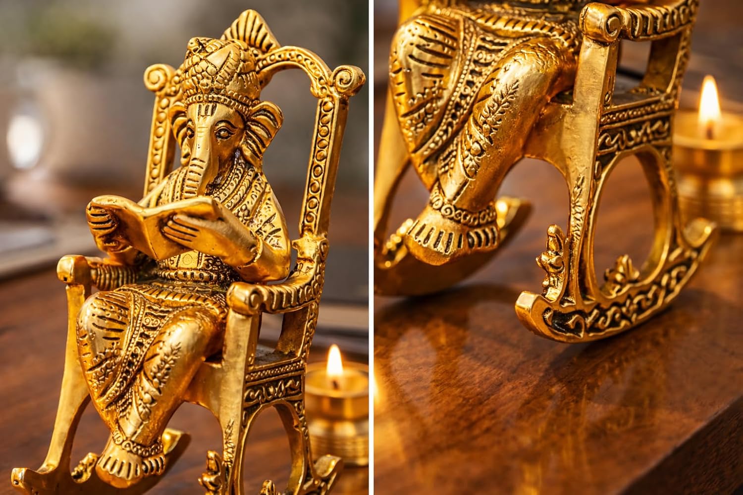 CHHARIYA CRAFTS Metal Lord Ganesh Reading Ramayana Statue Ganpati Sitting on Chair with Kuber Diya Idol for Home Office and Gifts Decor Corporate Gifts Decorative Showpiece - 14 cm (Metal, Gold)