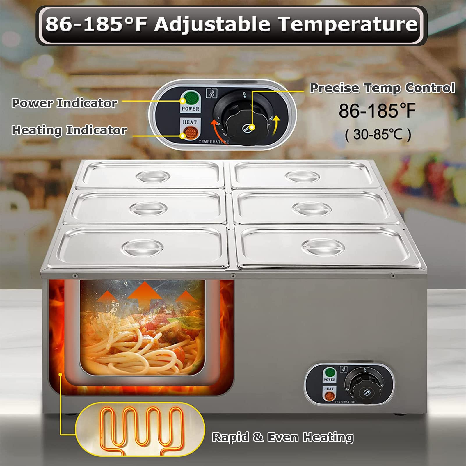 Calentador Alimentos eléctrico 6 bandejas, Servidor Buffet Mesa 7 l, 850 W con Tapas, Calentador Platos, Control Temperatura, Plato para Calentar Alimentos, Calentador Alimentos con Carrito Acero