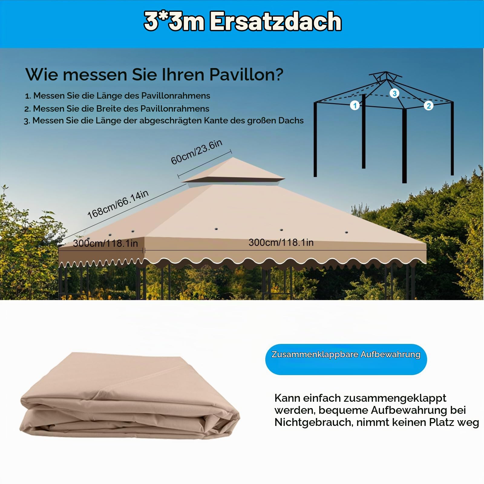 Ersatzdach Pavillon 3 x 3 m, Wasserdicht Pavillon Dach 300D Polyestergewebe für Gartenpavillon mit Air Vent, Doppeldach UV-Schutz-Sonnenschutz für Garten und Camping