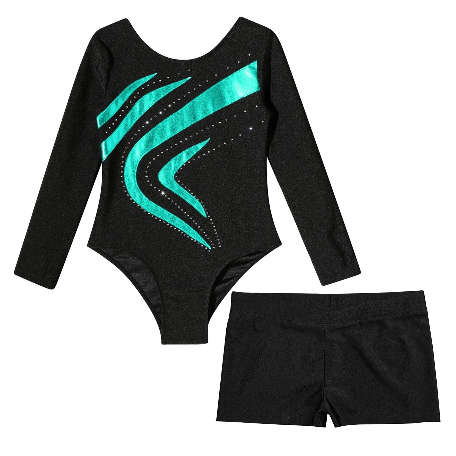 Malla de gimnasia de manga larga for niñas, mono de retazos con brillantes diamantes de imitación y pantalones cortos, disfraz de competición de baile Para las bailarinas