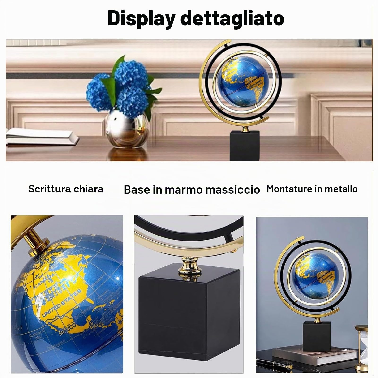 Decorazione Artistica Moderna Astratta Globo in Metallo con Base Rettangolare Stand Oro e Nero,Decorazione Per Scrivania per Casa e UfficiCo (Globo blu)