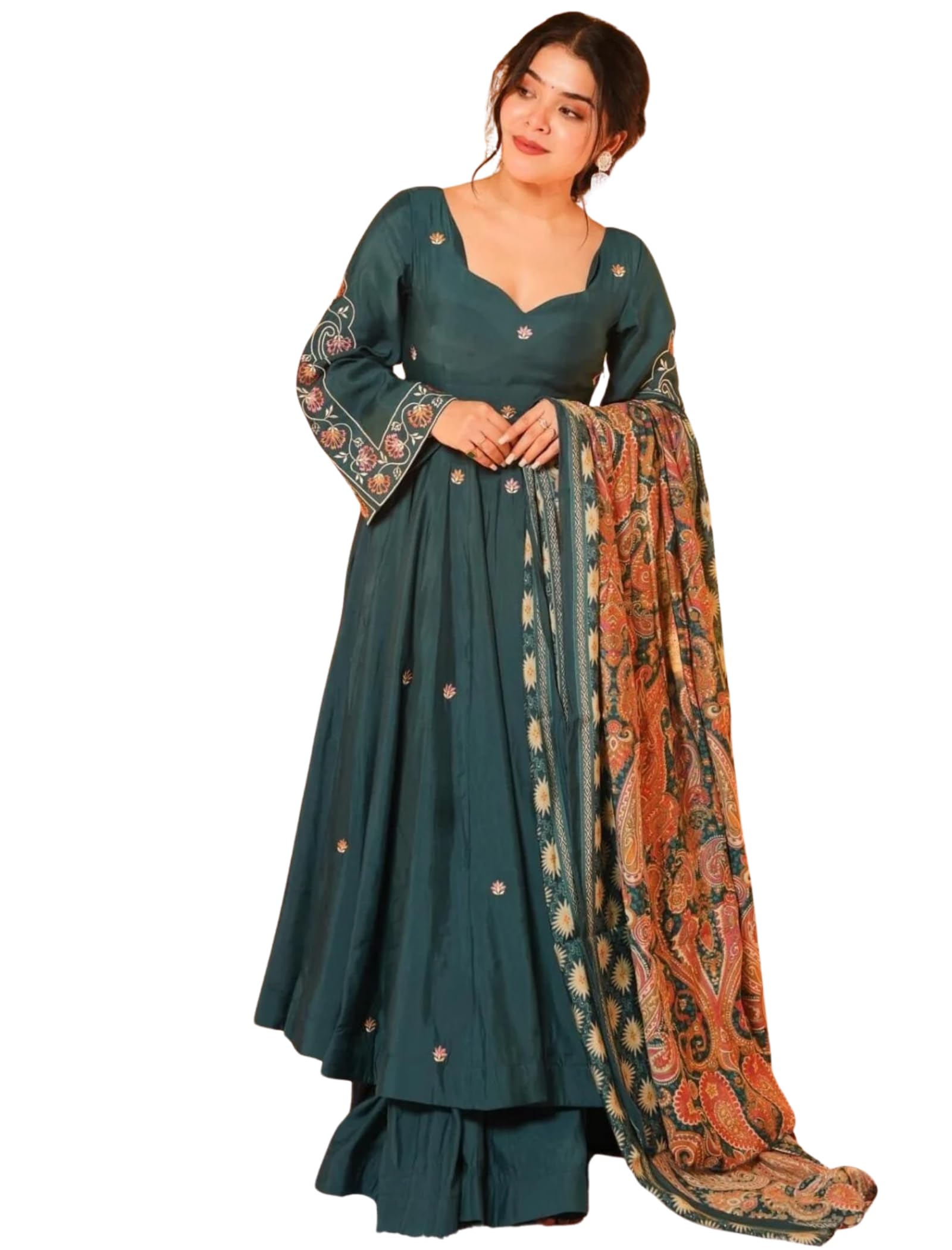 orhans Women's Rayon Anarkali Dress with Pant Sweetheart Neck Full Sleeves Solid Pattern Embroidery Work and Printed Dupatta Set-picture-46