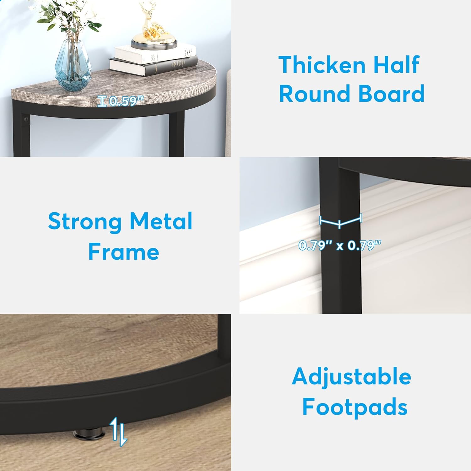 Tribesigns 2-Tier End Table Semi Circle, Small Half Round Side Table with Storage Shelf, Wood Accent Table Slim C Table for Sofa Couch, Living Room, Bedroom, Easy Assembly, Rustic Grey & Black