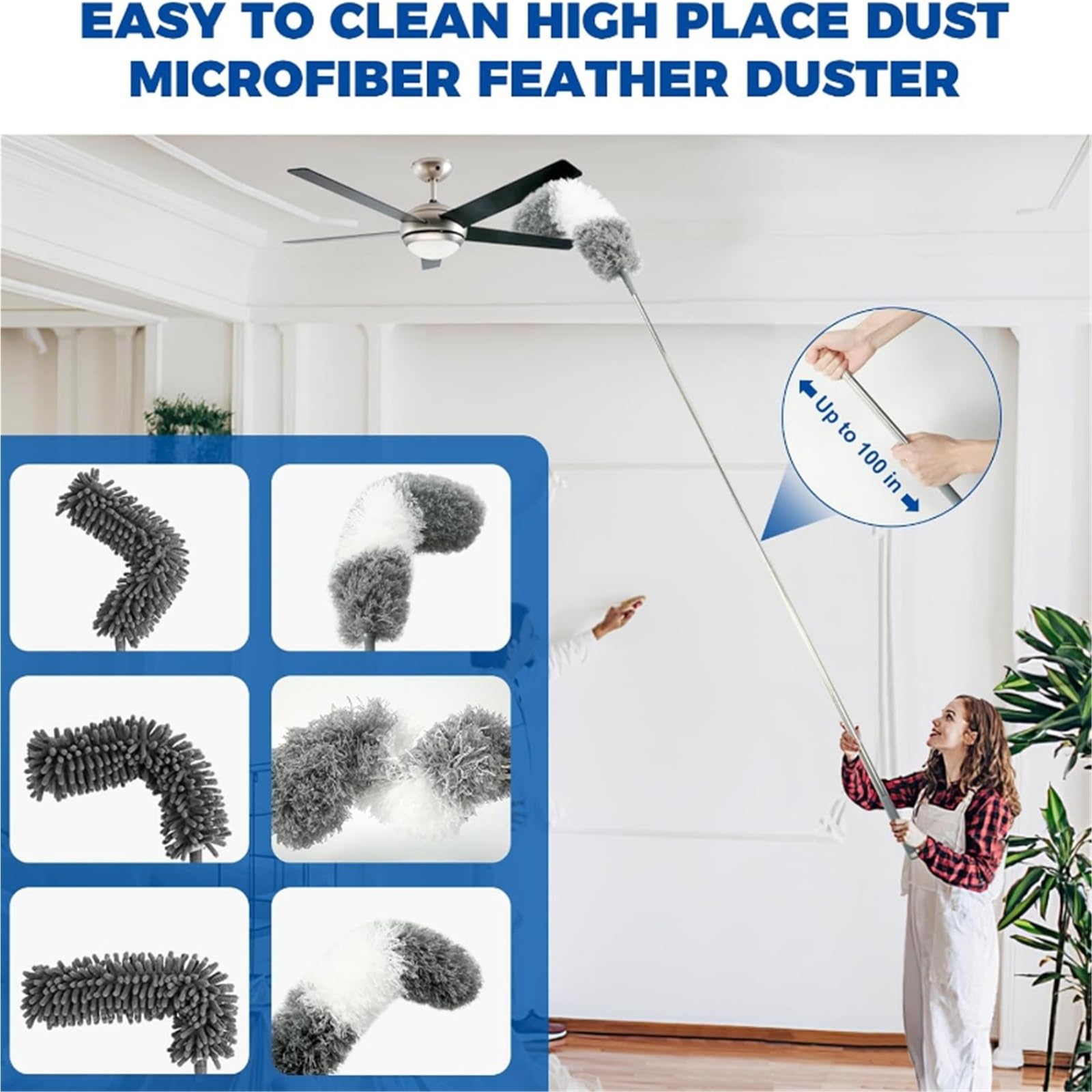 Staubwedel Staubwedelbürste, Mikrofaser-Staubwedel, ausziehbarer, gebogener Deckenreinigungsbesen, elektrostatischer Staubsammler for den Haushalt(Grey 140CM)