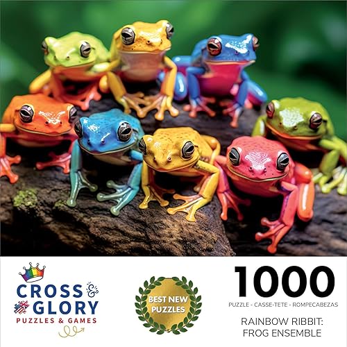 Miniatura 2 de Cross & Glory Puzzles Rainbow Ribbit Frog Ensemble, Rompecabezas de 1000 piezas, rompecabezas ecológico vibrante, calidad premium, obra de arte