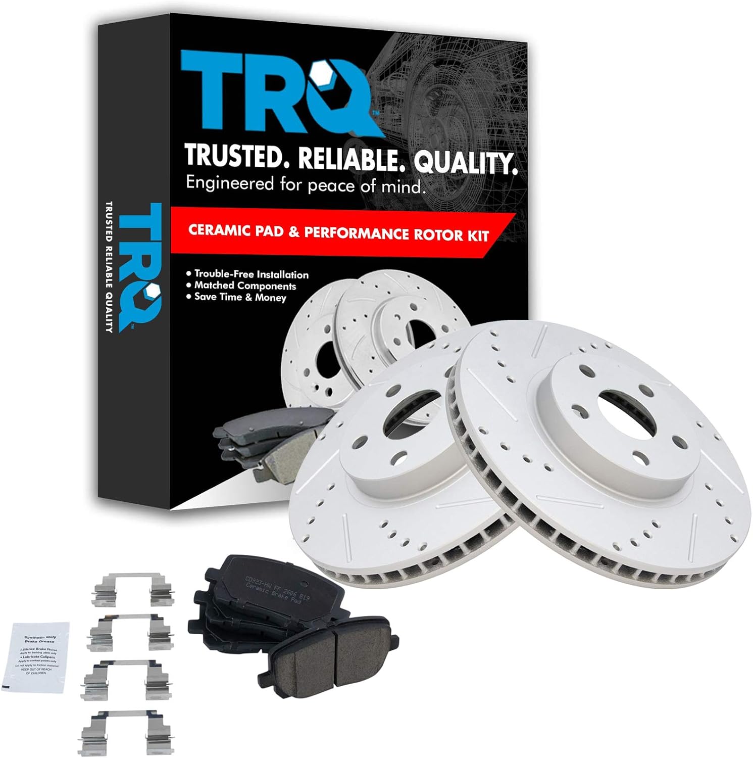 TRQ Front Performance Brake Pad & Rotor Kit Brake Pads Brake Rotors Set Ceramic Premium G-Coated Compatible with 2003-2008 Pontiac Vibe Toyota Corolla Matrix