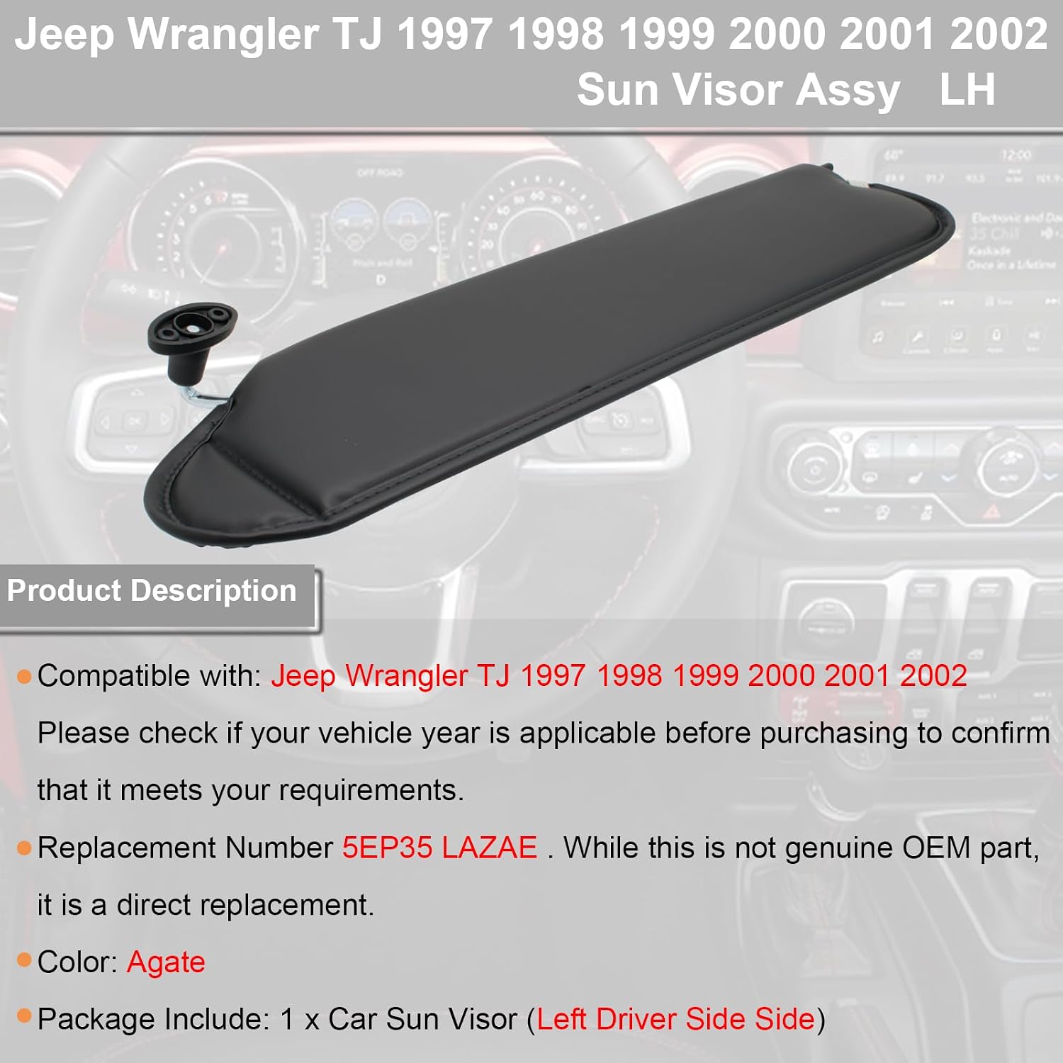 NHILES Left Driver Sun Visor Compatible with Jeep Wrangler TJ 1997 1998 1999 2000 2001 2002 Sunshade Replacement Number 5EP35 LAZAE Color: Black