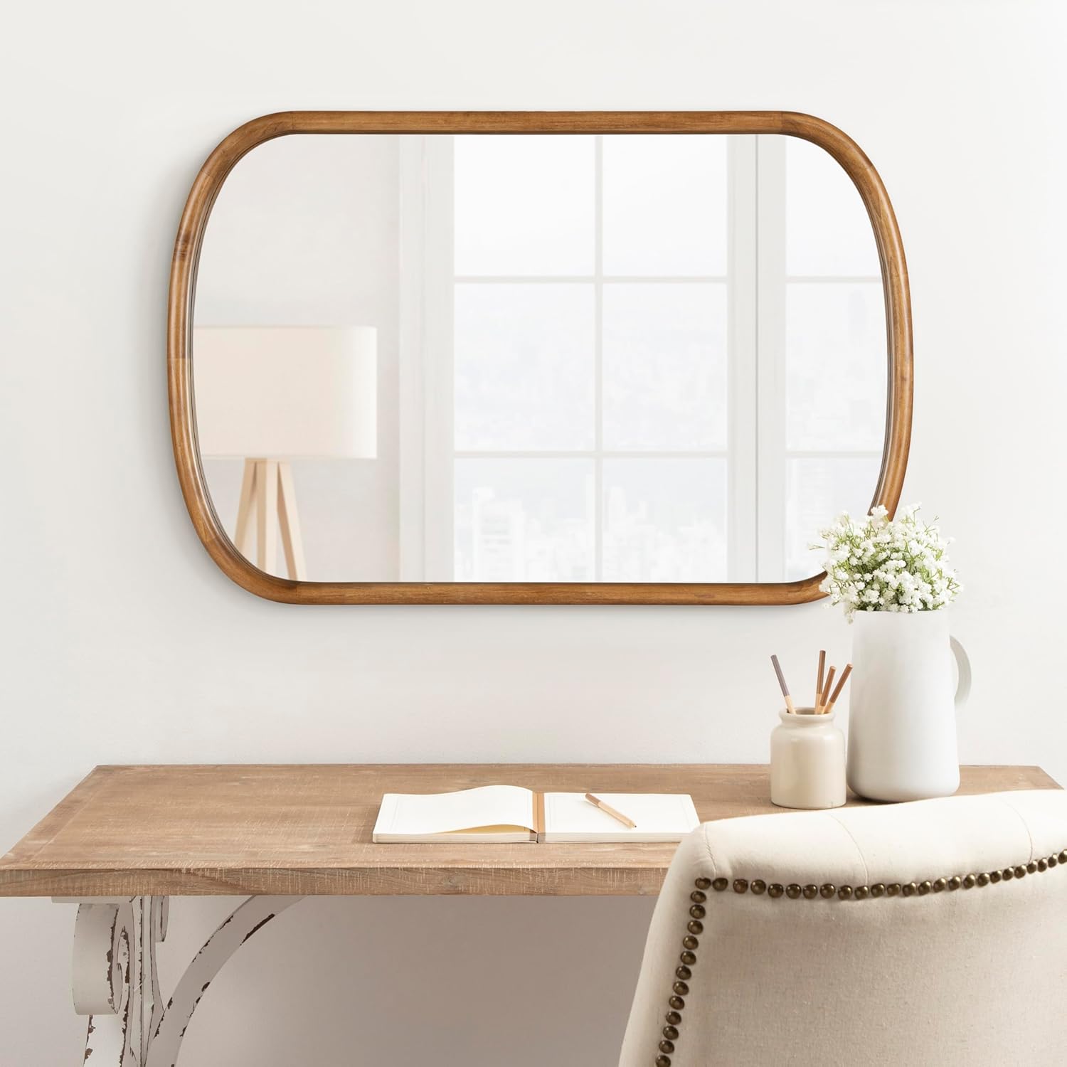 Kate and Laurel Talma Modern Arched Oval Wall Mirror; 24 x 36; Rustic Brown; Transitional Capsule Wall Accent with Solid Poplar Wood Frame for Use as Bathroom Mirror for Over Sink