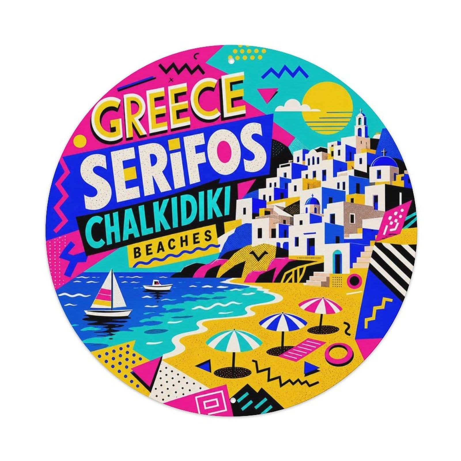 Serifos Chalkidiki Greek Bold Geometry Seaside Scenery Metal Tin Sign