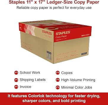 Staples Copy Paper, 11x17 Inch Ledger Size, 92 Brightness, 20 lb., 500/Ream