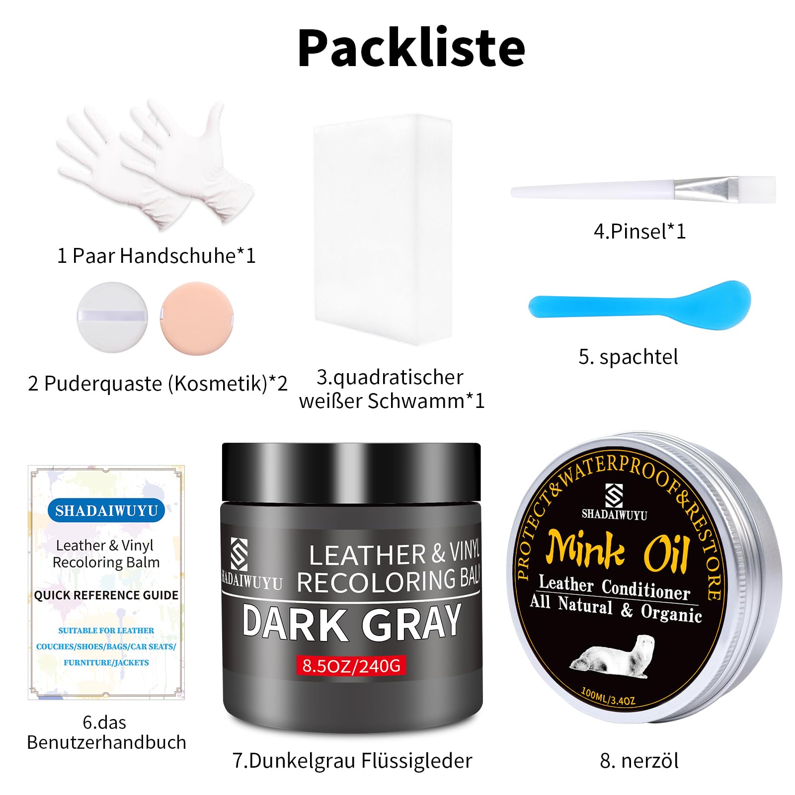 240g Lederpflege Auto mit Lederfett(100ml),Leder Reparatur Set Dunkelgrau,Flüssigleder,Lederfarbe,Kunstleder Reparaturset zum Reparieren von Sofas,Vinylmöbeln,Autositz bei Verblassen und Kratzer