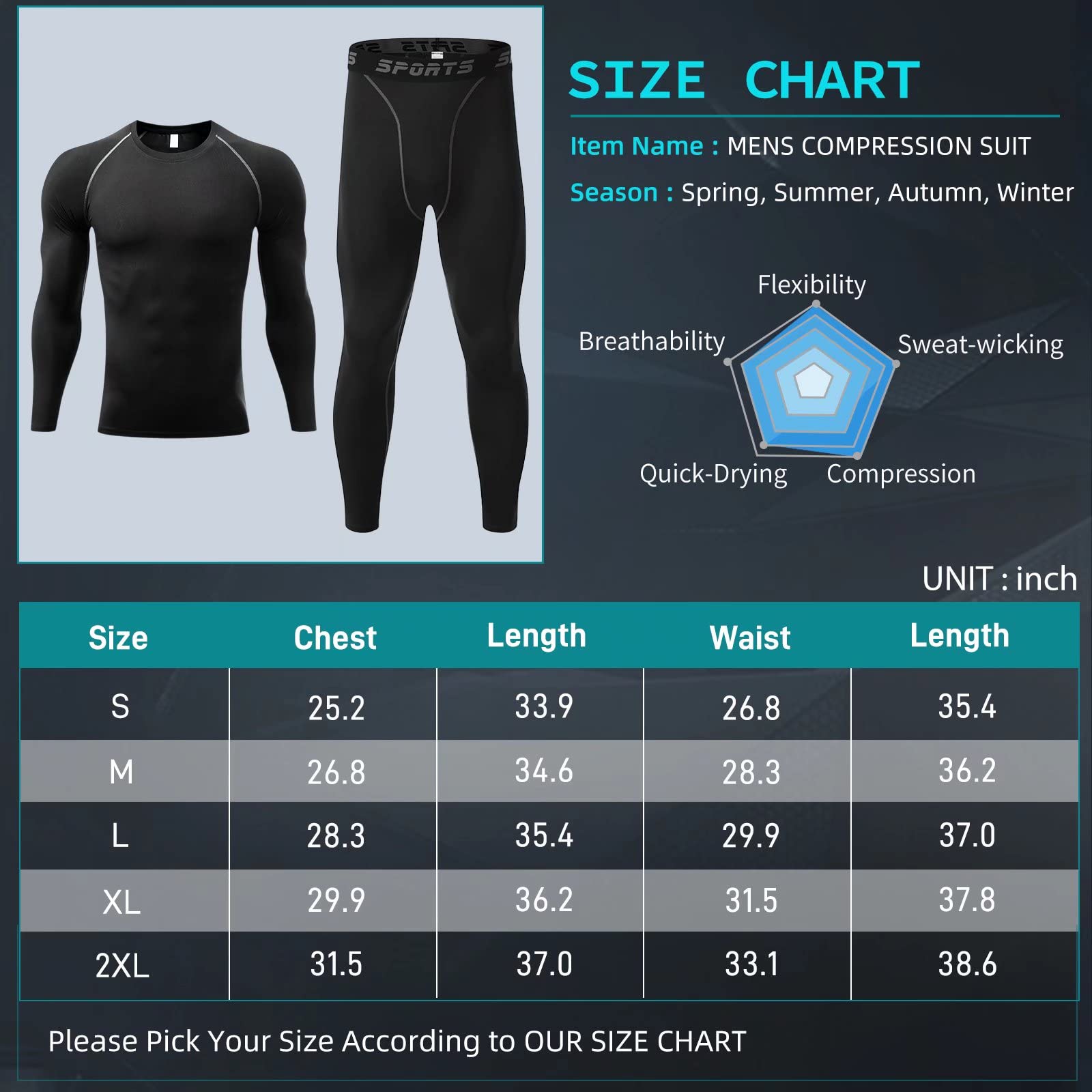 Conjunto de ropa interior térmica para hombre, para ciclismo, senderismo, baloncesto, pantalones de compresión y camisa de secado fresco