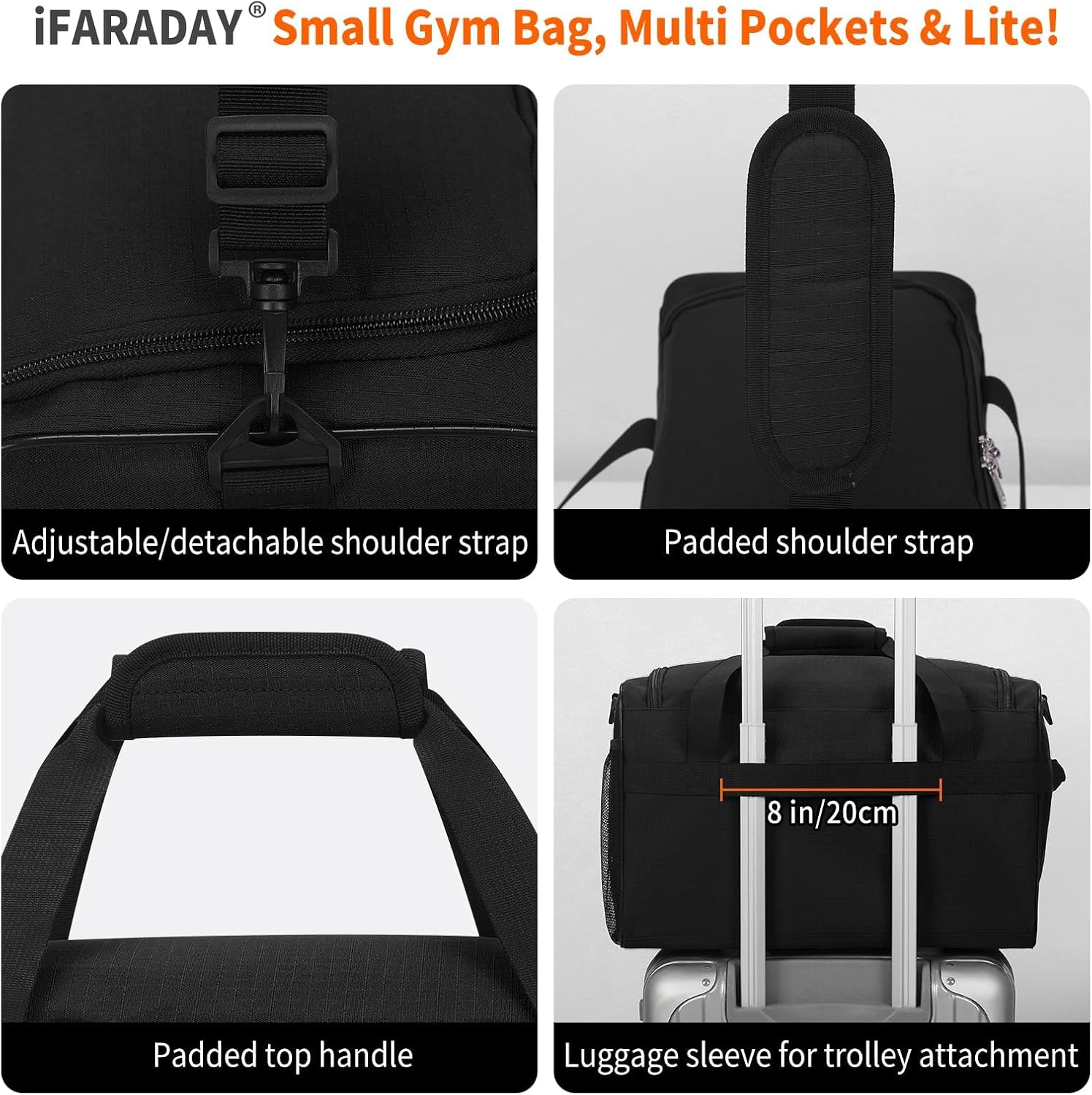 iFARADAY 20L Small Duffle Bag for Gym - Carry On Personal Item Travel Duffle Bag, Weekender & Overnight Bag for Travel, Sports, Workout (Black)