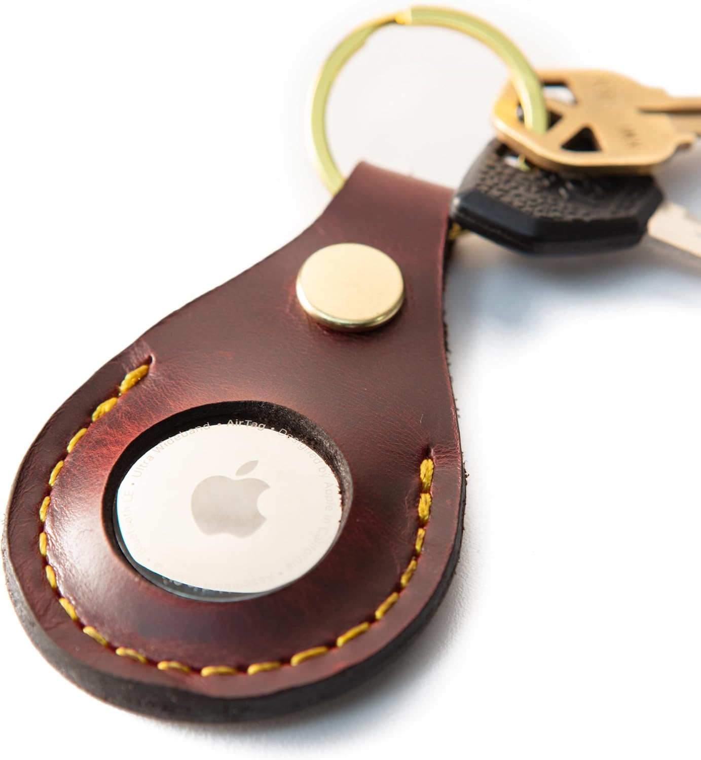 Premium American Made Leather Key Chain, Compatible With Apple Airtag or Moto Tag - Burgundy Gold