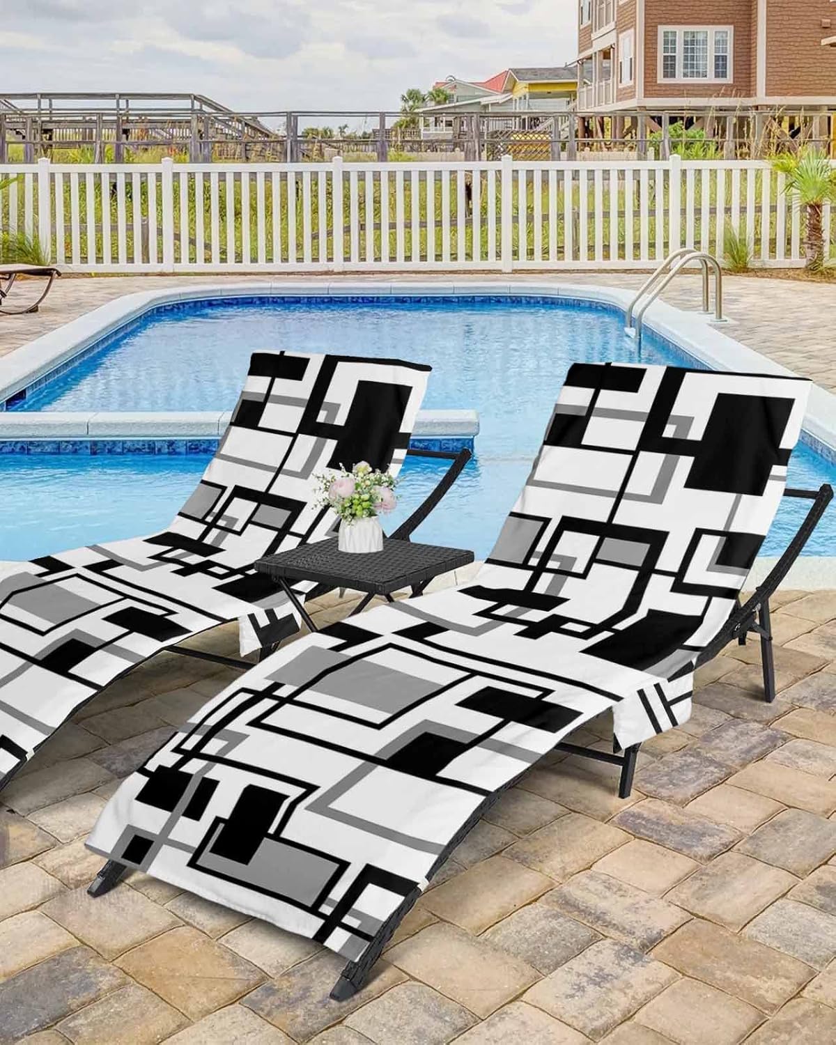 Black Grey Beach Pool Patio Lounge Chaise Chair Cover Towel With Pockets,Absorbent & Quick Dry Microfiber Towel Cover Bag Summer Accessories for Sunbathing Modern Geometric White Plaid Middle Century
