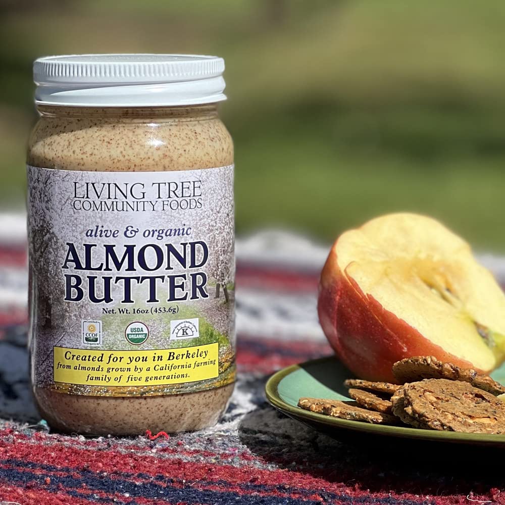 Living Tree Community Foods, Organic Almond Butter - Raw Almond Butter No Sugar Added, Made Fresh in Small Batches by Family Farmers, Unsweetened - 16 Ounce Jar