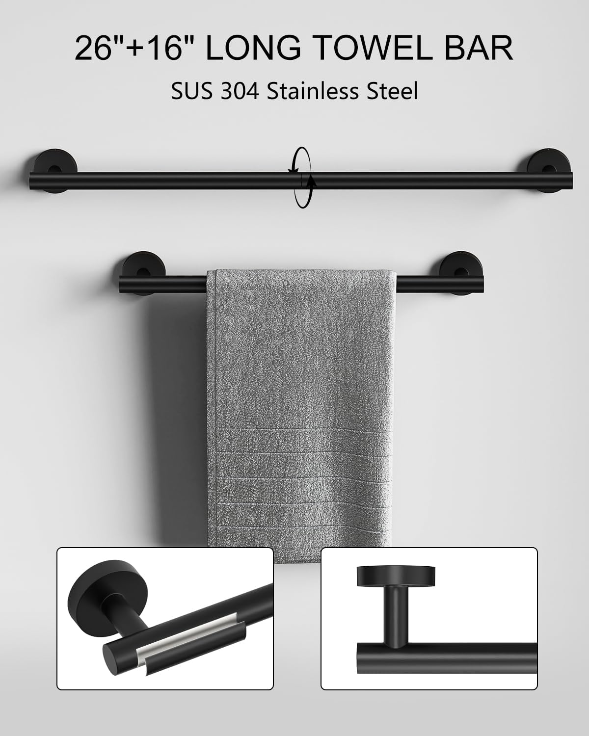 Matte Black Bathroom Hardware Accessories Set 12 Pieces 26" SUS 304 Stainless Steel Bath Towel Holder Bar Set Towel Rack Combination Wall Mounted for Kitchen, Laundry, Bedroom