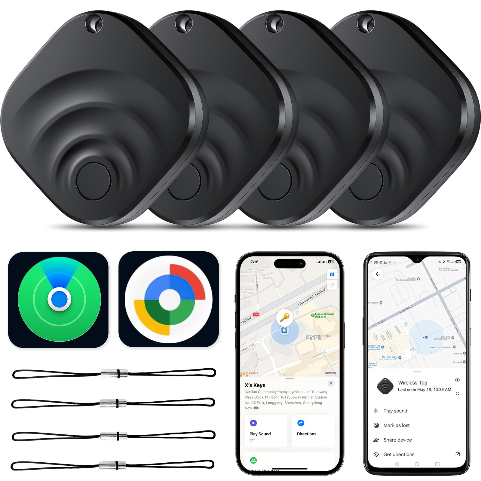 4 Pack Dual System Air Tracker Tag per iOS e Android Localizzatore Bluetooth Smart Tags compatibile con Apple Find My (iOS) e Google Find Hub (Android) per chiavi, bagagli, portafogli, veicoli
