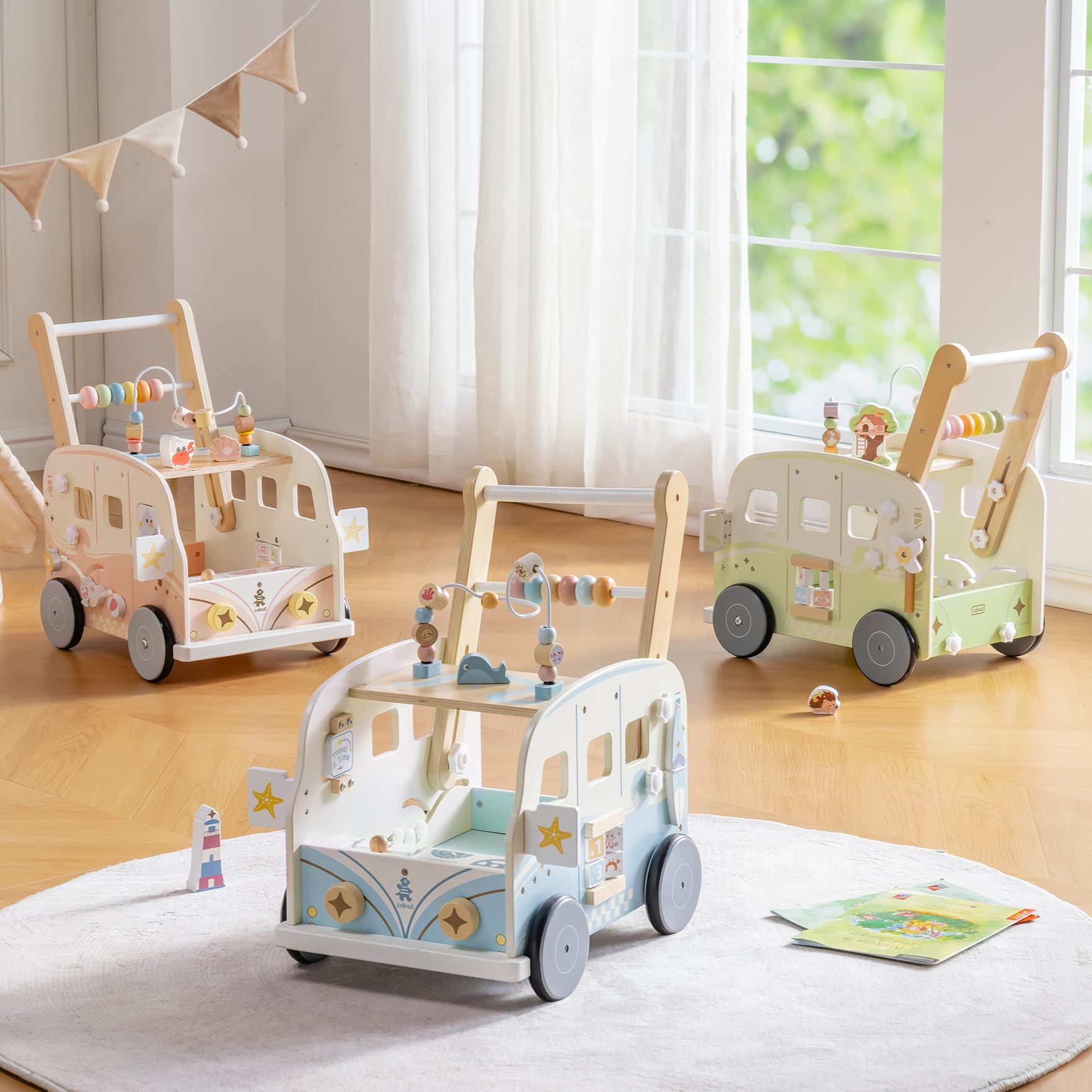 ROBUD Andador de madera, velocidad y altura ajustables, andador para bebé, juguete educativo, regalo para niños y niñas a partir de 10 meses -1-2 años, verde