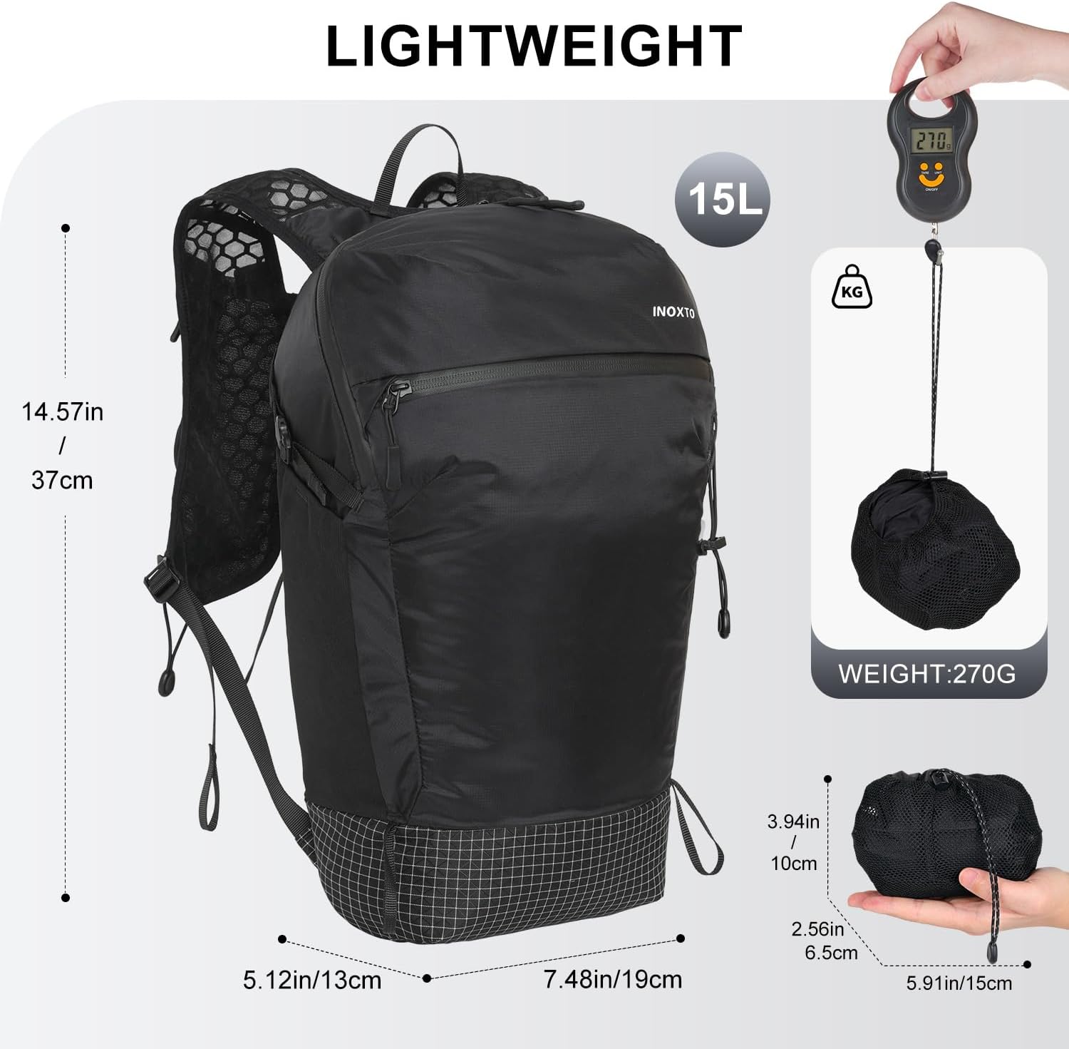 IX INOXTO Hiking Backpack 15L/22L Ultra Lightweight Packable Travel Backpack Small Waterproof Foldable Outdoor Day Pack with Two 500ML Soft flasks for Men Women (Black)
