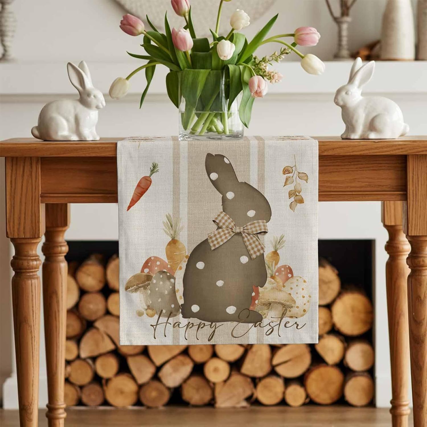 Happy Easter Table Runner 13x120 Inches Long Bunny Egg Runner for Table Carrot Rabbit Table Runners Washable Farmhouse Dresser Scarf for Kitchen Coffee Dining Seasonal Spring Holiday Party