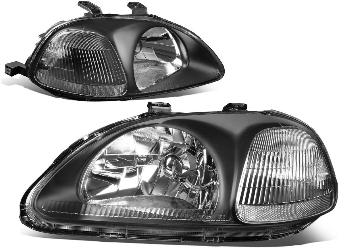 DNA MOTORING Pair Headlight Assembly Compatible With 1996-1998 Honda Civic, Black/Clear, HL-OH-HC96-BK-CL1