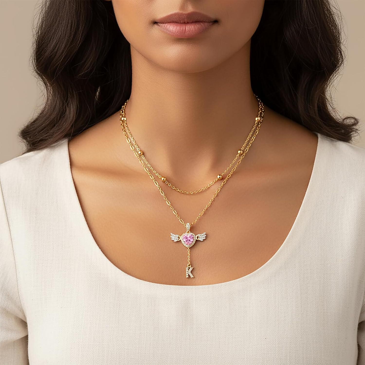 Letter Heart Necklace for Women Angel Wings Necklace 14K Gold Plated Name Initial Layered Necklace Zirconia Pendant Love Symbol Necklace Jewelry Gifts for Women - Image 4