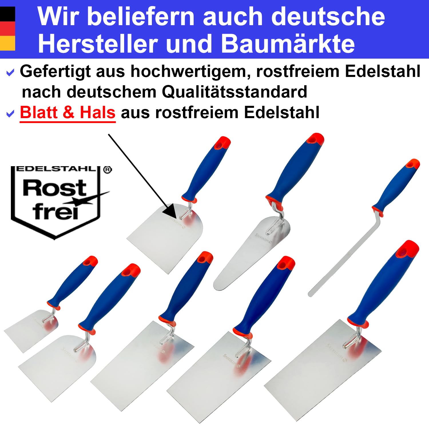 Kellen Set 8-tlg: Maurerkelle S-Hals (160mm und 180mm) + Gipserspachtel (60mm + 80mm + 100mm) + Putzkelle + Zungenkelle + Fugenkelle, Rostfreiem Edelstahl Kellen Gipserkellen Maurerwerkzeuge