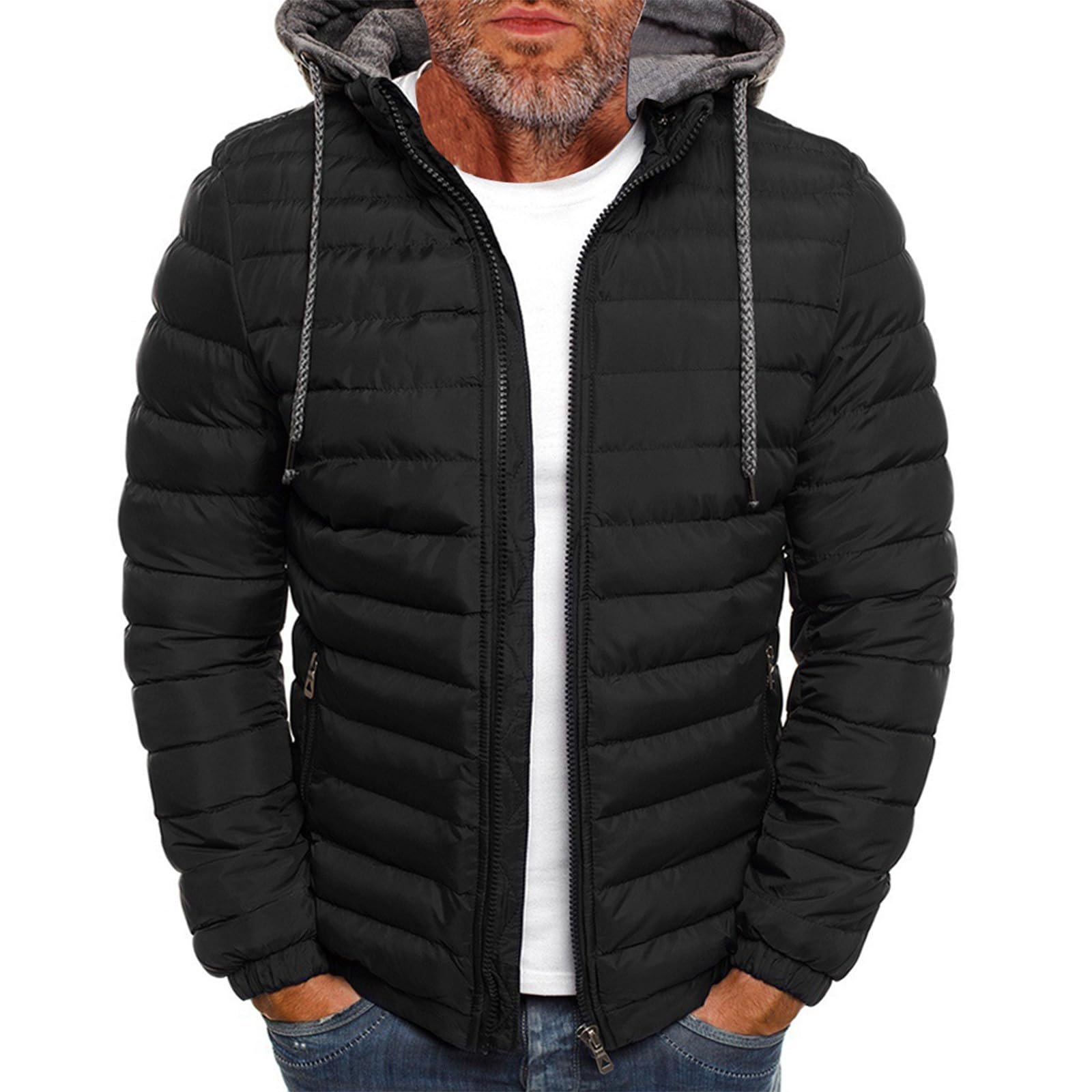 ABRTJCL Men's Down Jackets & Coats Men's Fashion Solid Color Winters Warm Fleece Hooded Outdoor Full Zipper Jacket Coats