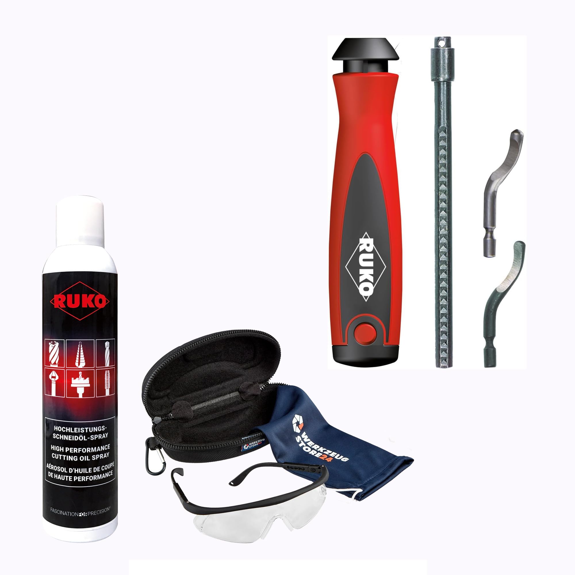 RUKO Unigrat-Satz E, Präzisions-Entgratwerkzeug zum Entgraten von Kanten, Länge verstellbar, HSS, 5-teilig, inkl. Spray & Schutzbrille