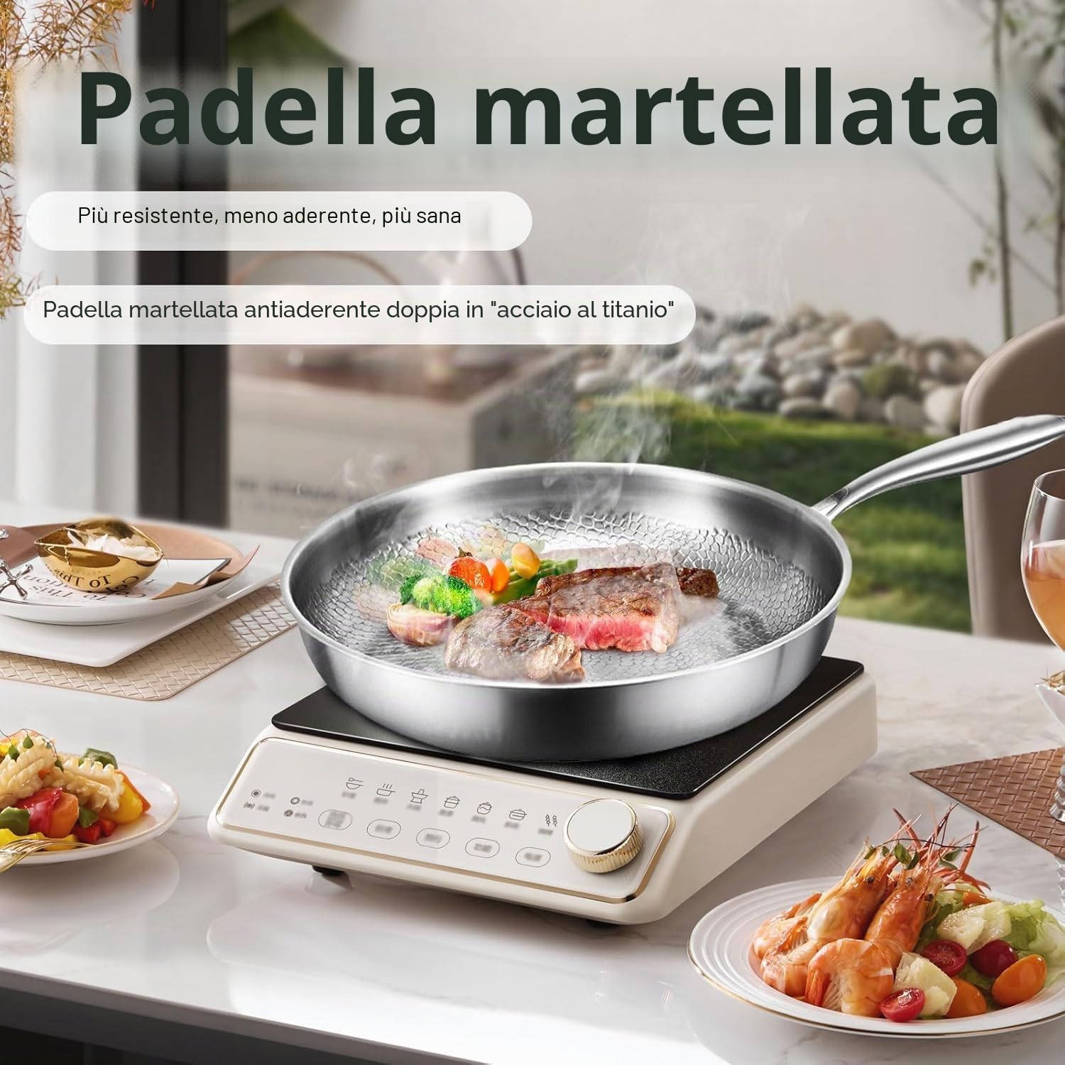 Padella in Titanio Non Rivestita, Padella in Titanio Non Rivestita, Padelle in Titanio Con Motivo Martellato per Cucinare, Upgrade Titanio Set Piatti E Pani Multifunzionali (28cm)