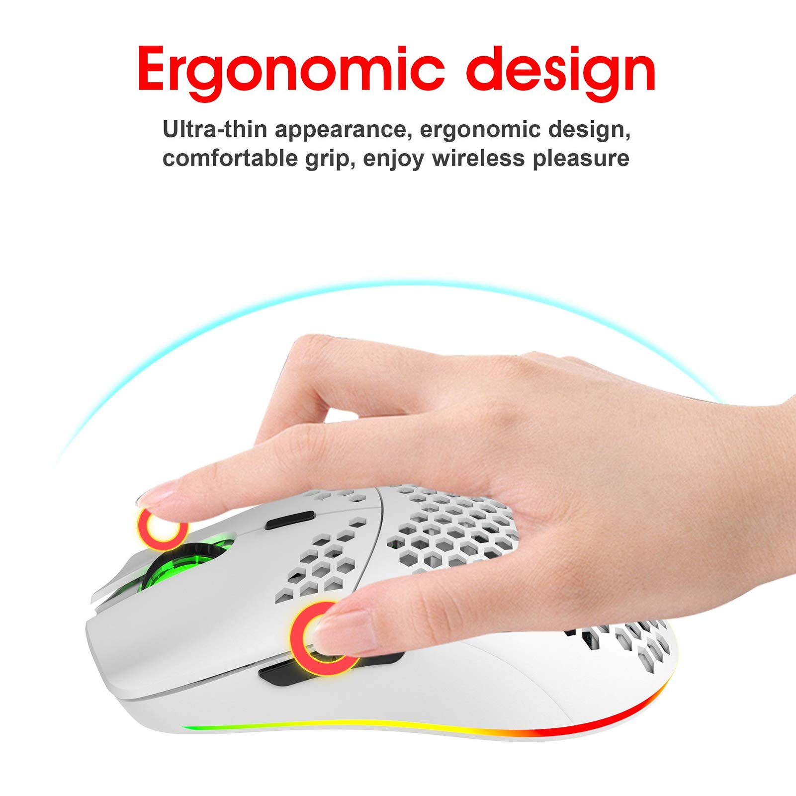 Dilwe Mouse da Gioco Wireless T66, Mouse RGB 6 Pulsanti Proggrammabili, Sensore Ottico 3600 DPI, Struttura Nido d'Ape, Disegno Ergonomico, Batteria al Litio Ricaricabile(Bianca)