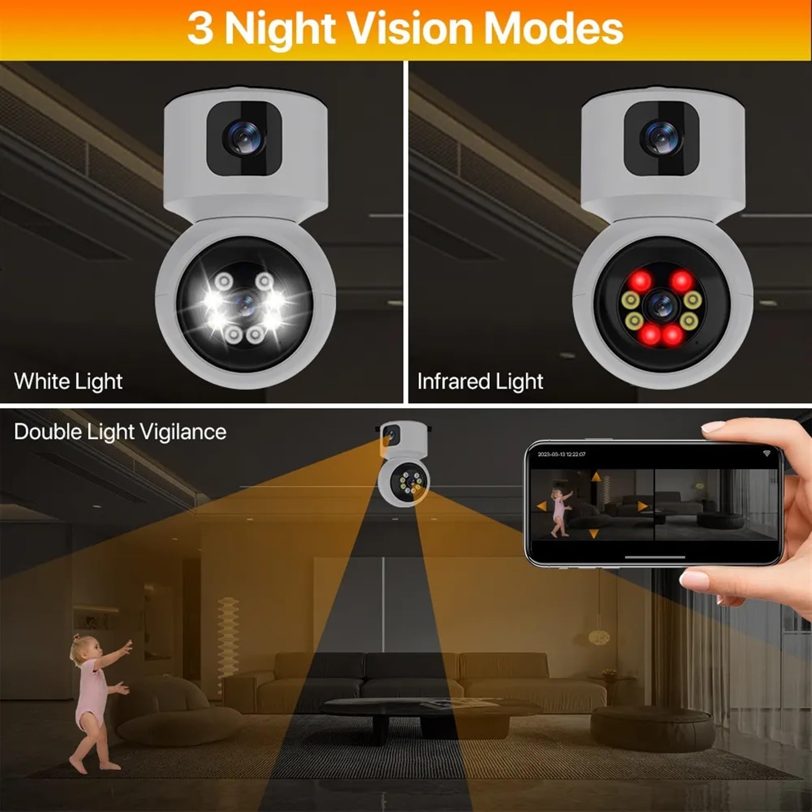 PIRKO 8MP Double Objectif WiFi IP caméra intérieure 4K HD Double écran Maison bébé Moniteur AI détection Humaine Mini caméra PTZ Surveillance de sécurité(Camera Add 32G)