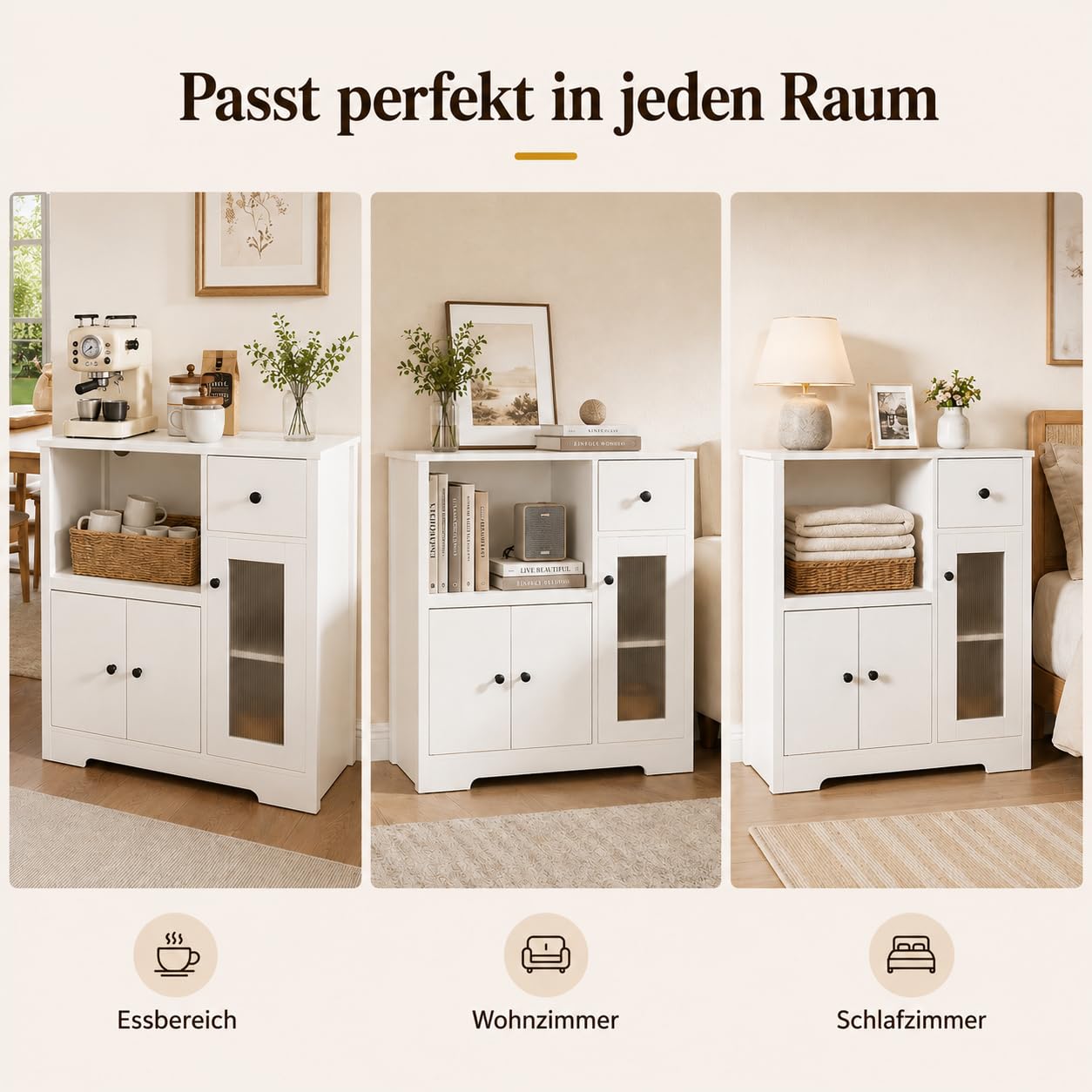 Yorbay Weiß Küchenschrank mit Arbeitsplatte und Mikrowellenregal: Sideboard mit 1 Schublade und 3 Türen für Küche - Mehrzweckschrank mit Kippschutz für Esszimmer Wohnzimmer