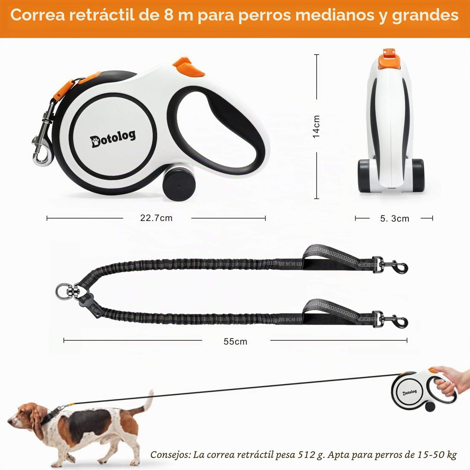 Correa retrámctil para Perro, Correa Extensible de 26ft con Correas elásticas para 2 Perros, Correa elástica con Hebilla de arnés de Seguridad Perro, Correa retráctil de 8 m, Blanco