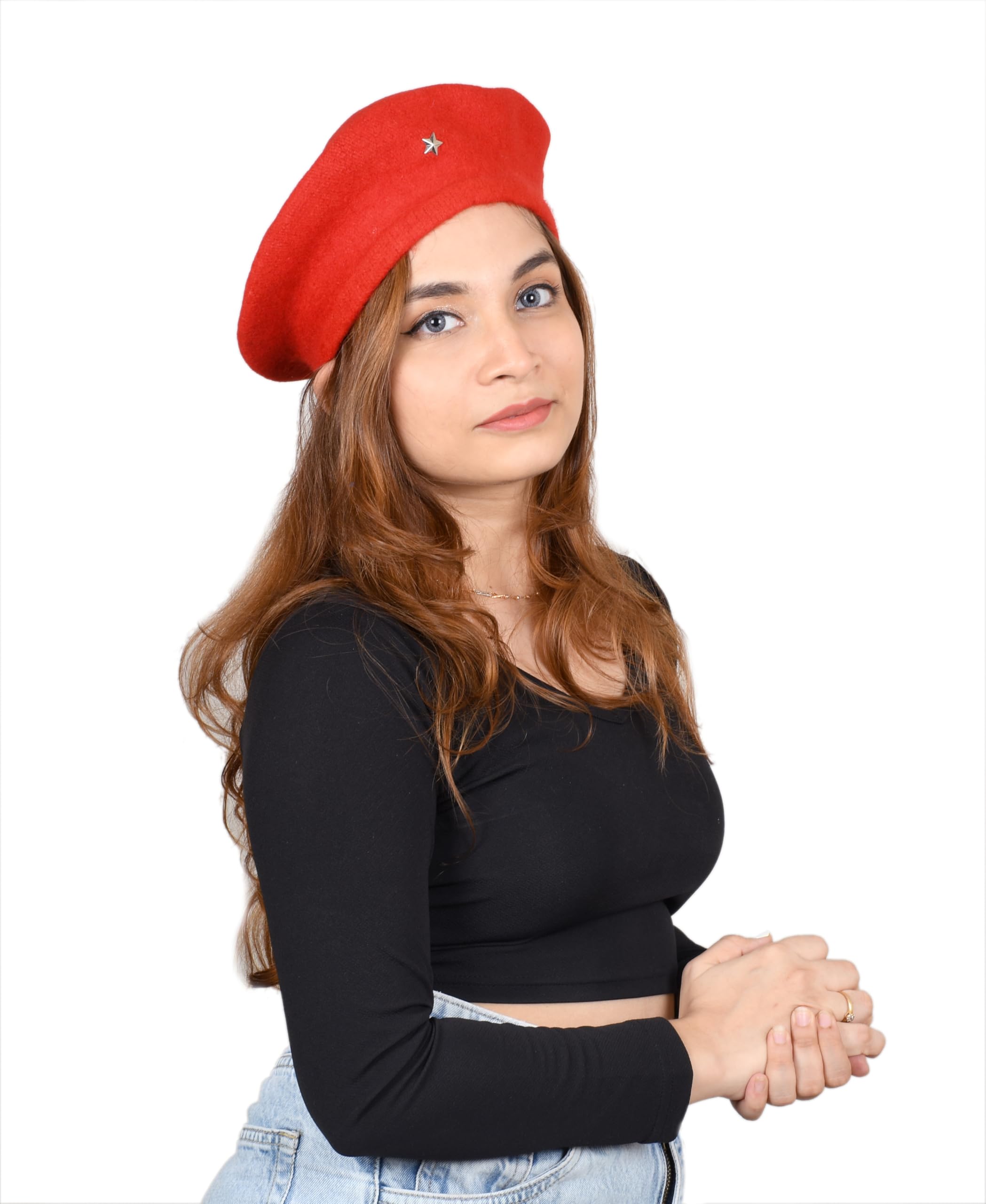 SOUL eTHICS Women's Premium Wool Blend French Artist Beret Cap - Stylish, Warm & Classic - Elegant Winter Beanie Hat for Girls & Ladies -Free Size (in, Alpha, Free Size, Red, Star) - Image 6 thumbnail