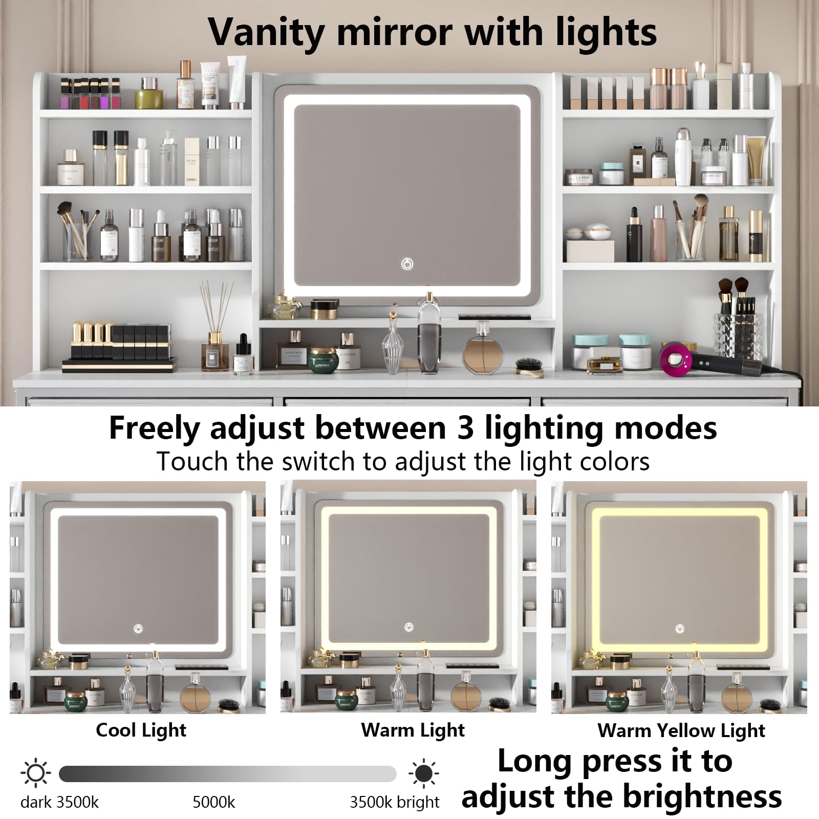 Gyfimoie Dresser with Mirror for Bedroom, 59' W Chest of Drawers with LED Mirror — product photo