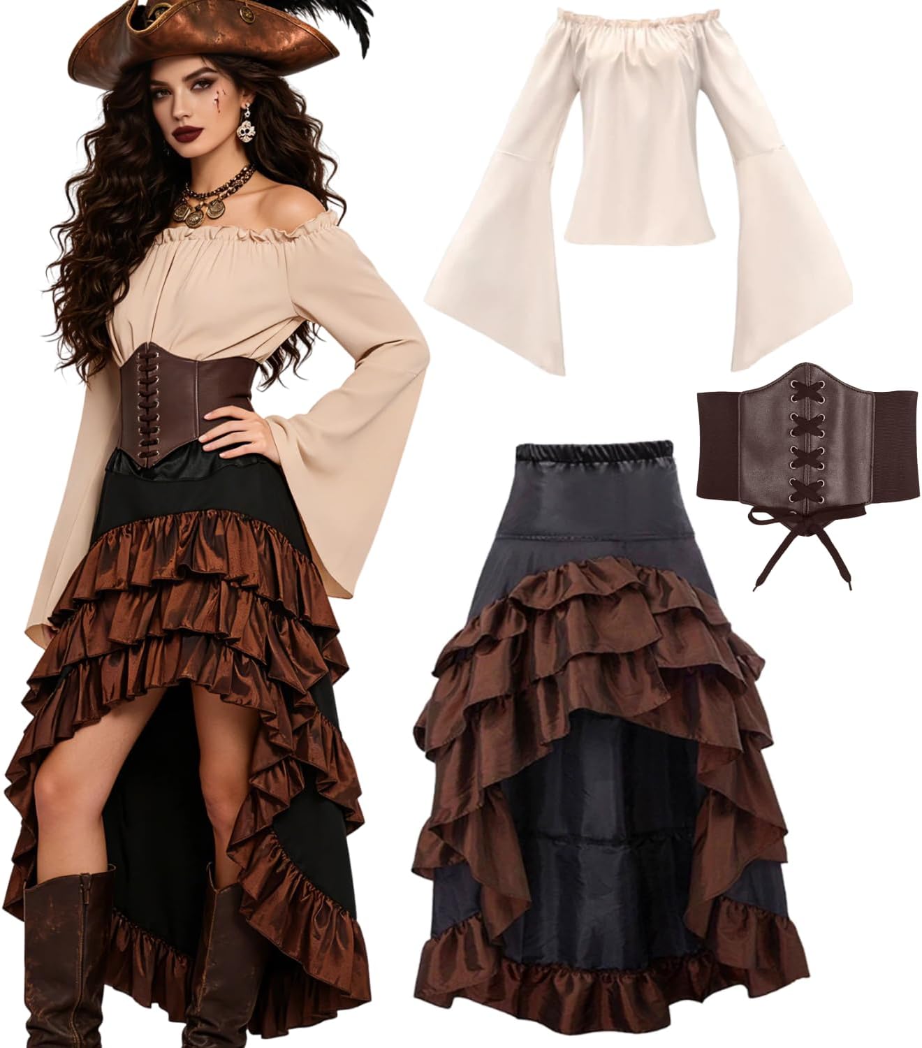Pirate Costume Adult Women Medieval Pirate Fancy Dress Retro Elastic Waistband Corset, Steampunk Renaissance Outfit Halloween Costumes
